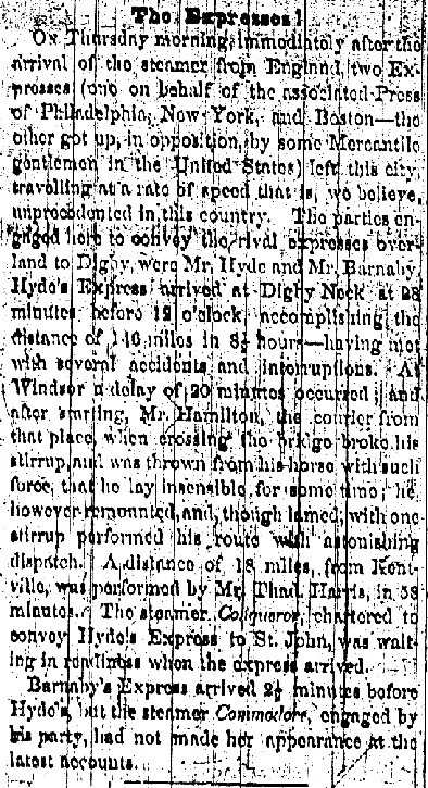 Nova Scotia Pony Express, Colonist, Halifax, 10 March 1849