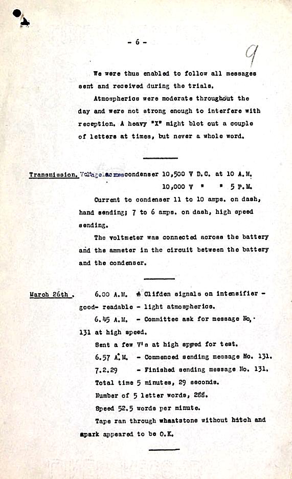 March 1913 Test Report page 6: Marconi Transatlantic Wireless Telegraph Service