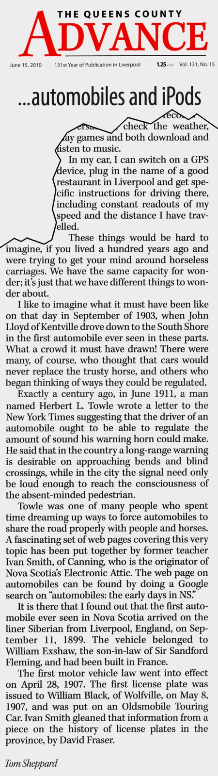First car seen in Liverpool vicinity: Queens County Advance, 15 June 2010