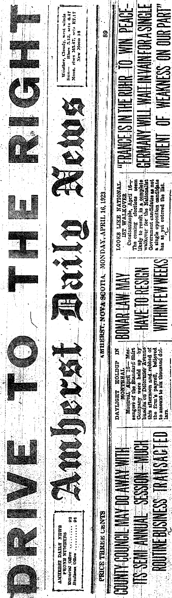 Nova Scotia, Amherst, 16 April 1923: Drive to the Right