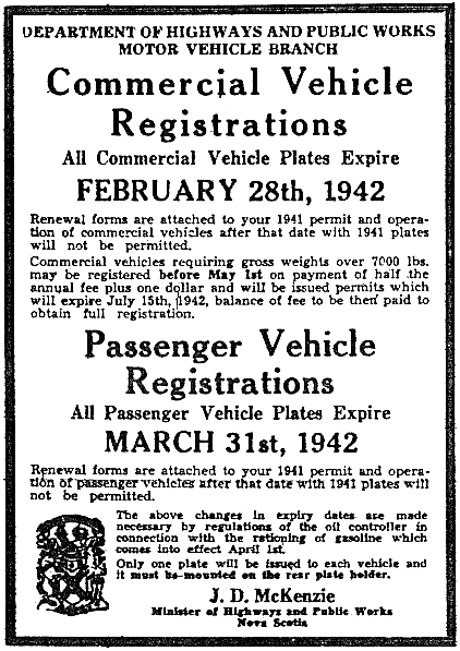 Nova Scotia: 1942 automobile registration regulations