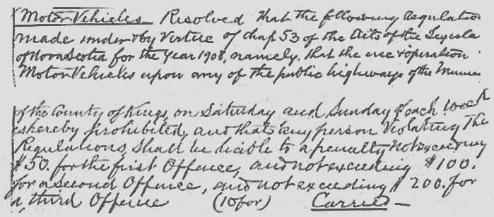 Nova Scotia, Kings County, April 1910: Automobiles prohibited Saturdays and Sundays