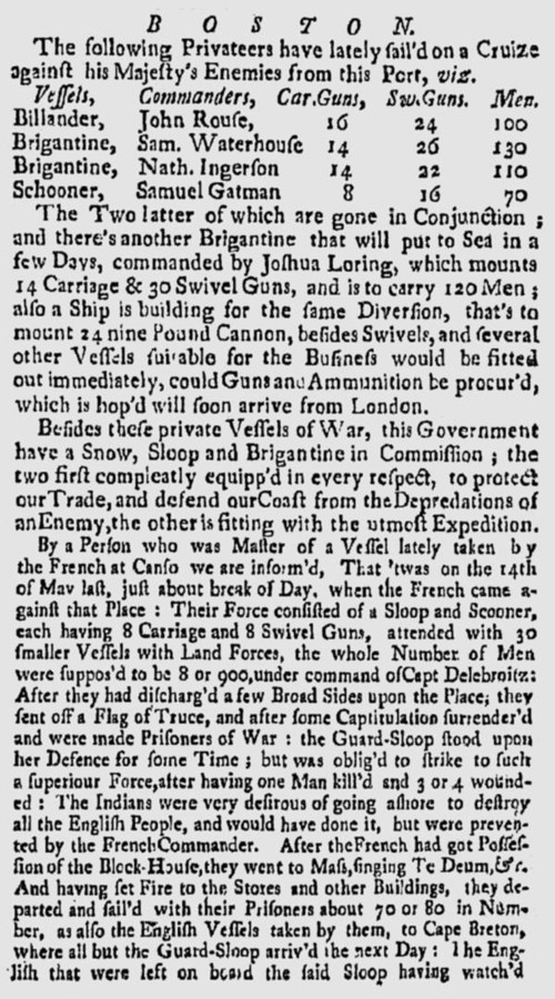 This is an image of part an article, about events occurring at sea off the coast of North America, as published on page one, column two, in the Boston Weekly Newsletter, 29 June 1744.