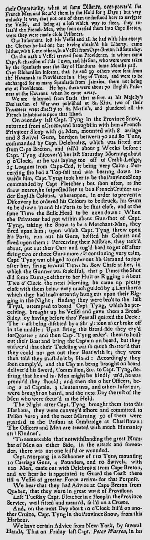 This is an image of part the same article, about events occurring at sea off the coast of North America, as published on page two, column one, in the Boston Weekly Newsletter, 29 June 1744.