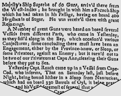 This is an image of part the same article, about events occurring at sea off the coast of North America, as published on page two, column two, in the Boston Weekly Newsletter, 29 June 1744.