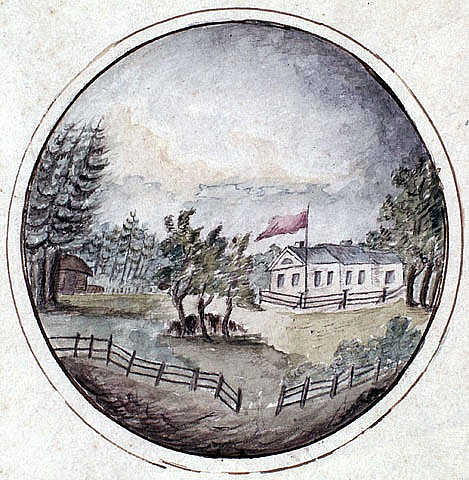 Watercolour showing Castle Frederick, Falmouth, Nova Scotia, by Joseph Frederick Wallet Desbarres, 1722-1824