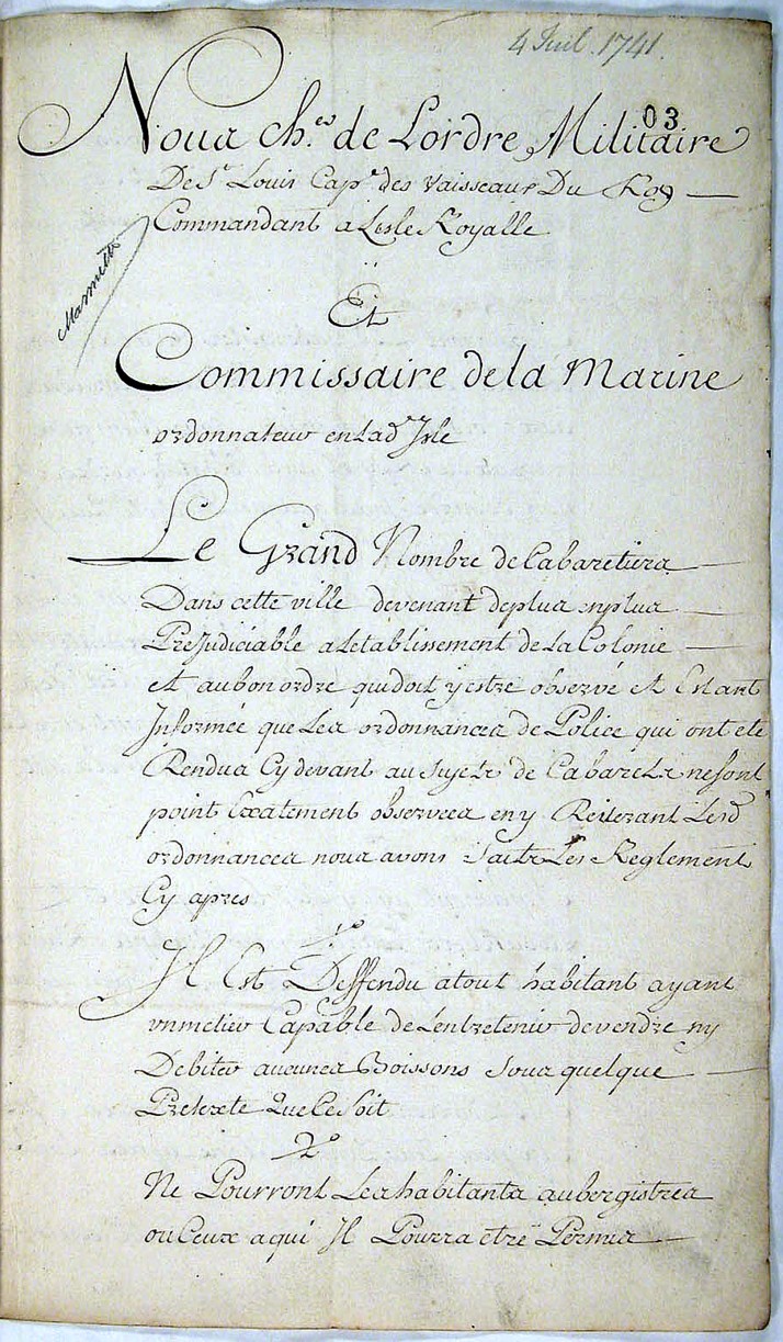 Page one of Ordinance concerning the innkeepers in Louisbourg, 4 July 1741