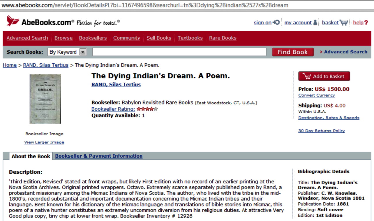 The Dying Indian's Dream, by Silas Rand, 1881, Nova Scotia