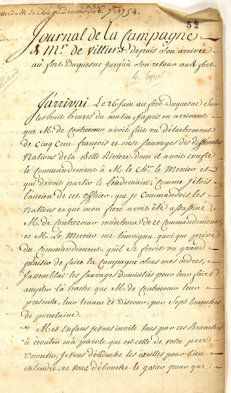 Seven Years War: Louis Coulon de Villiers, Journal 1754, page 52a, 26 June 1754