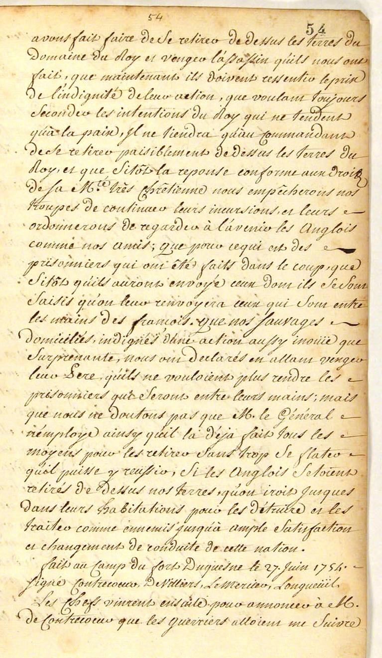 Seven Years War: Louis Coulon de Villiers, Journal 1754, page 54a, 1754