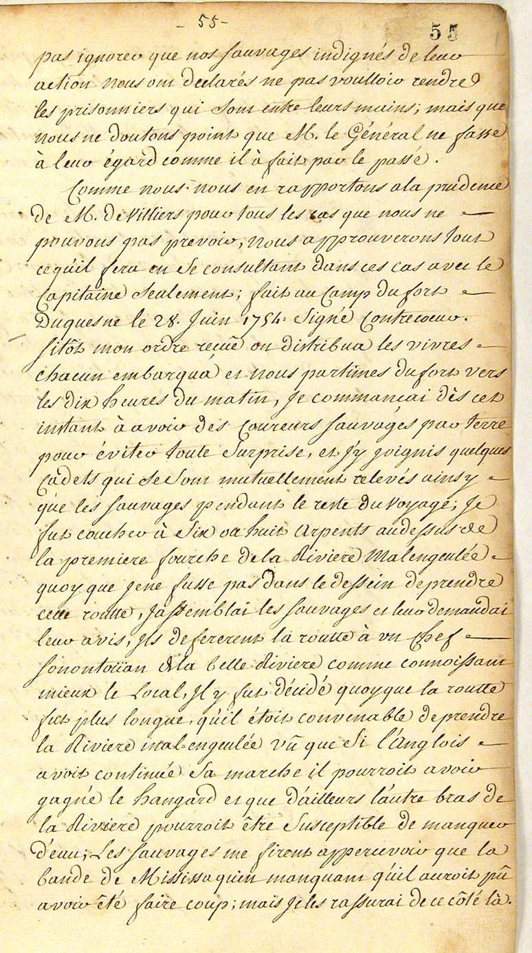 Seven Years War: Louis Coulon de Villiers, Journal 1754, page 55a, 1754