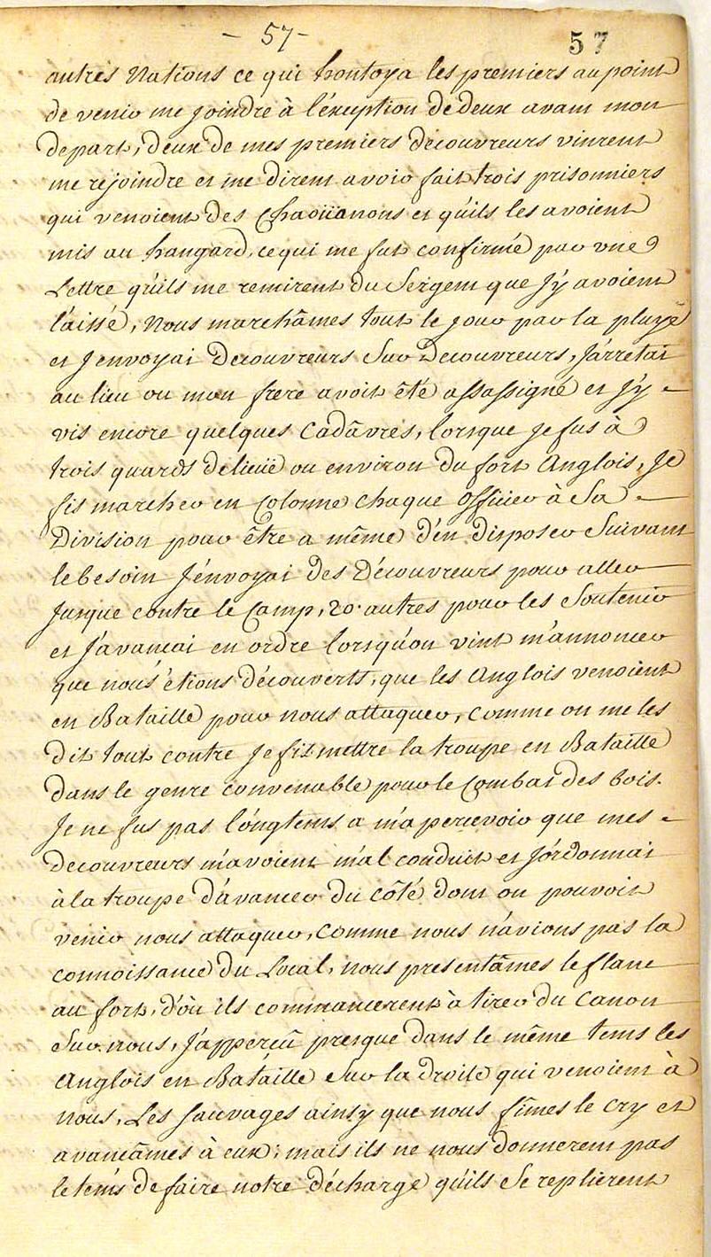 Seven Years War: Louis Coulon de Villiers, Journal 1754, page 57a, 1754