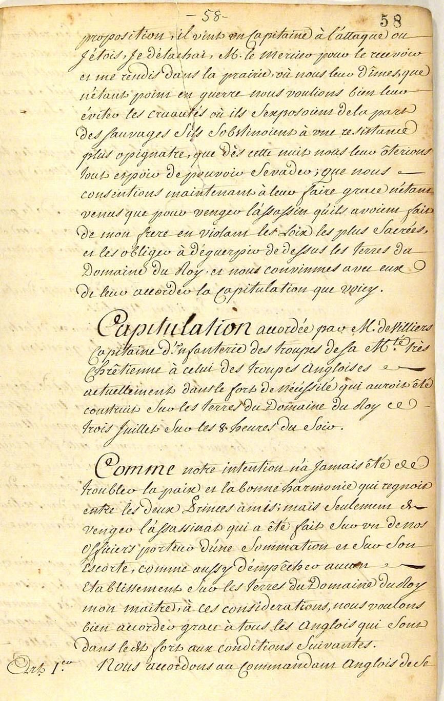 Seven Years War: Louis Coulon de Villiers, Journal 1754, page 58a, 1754