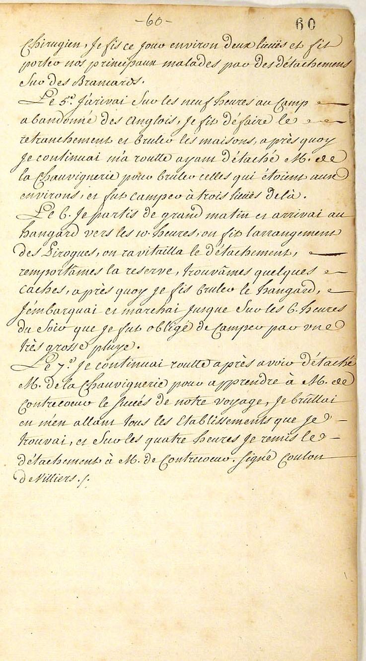 Seven Years War: Louis Coulon de Villiers, Journal 1754, page 60a, 1754