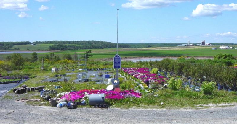 Colchester County: Acadian Heritage sign #24, Farmer Clem's Garden Center, Stewiacke