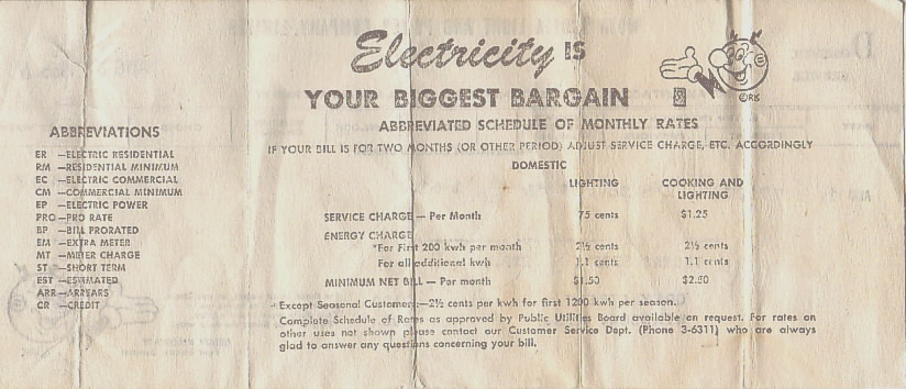 Back: Nova Scotia Light and Power Company bill, August 1955
