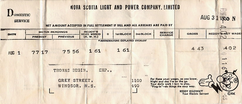 Front: Nova Scotia Light and Power Company bill, August 1955