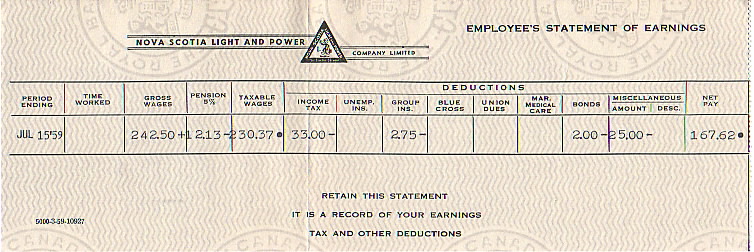 Nova Scotia Light and Power Company paycheque stub, 15 July 1959