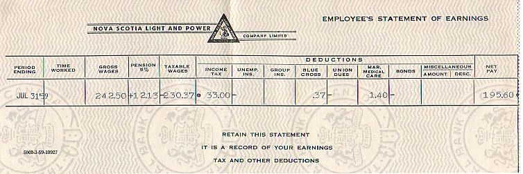 Nova Scotia Light and Power Company paycheque stub, 31 July 1959