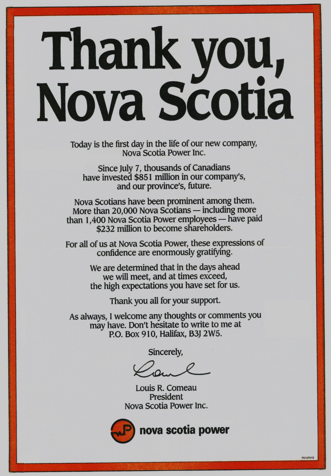Nova Scotia Power Inc. begins operation, 13 Aug 1992