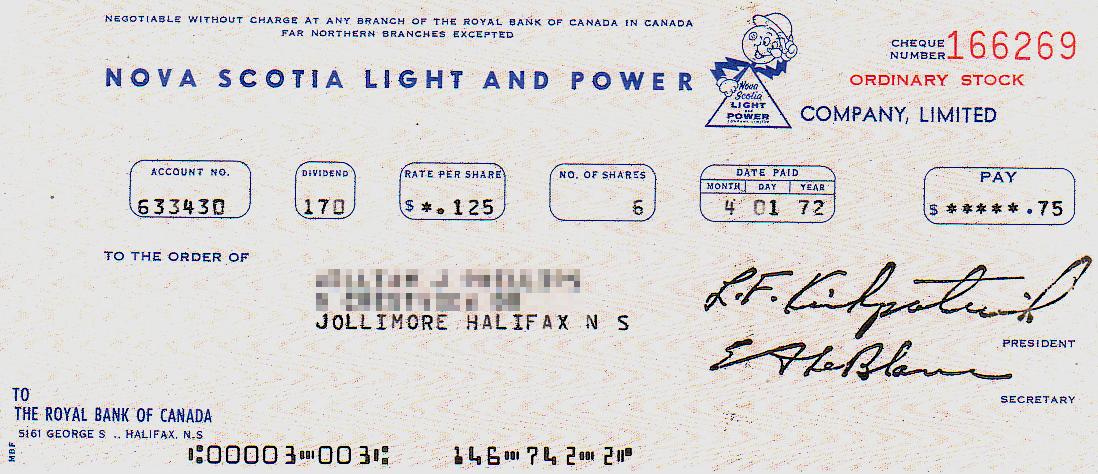 The last Nova Scotia Light and Power Company dividend cheque, 1 April 1972