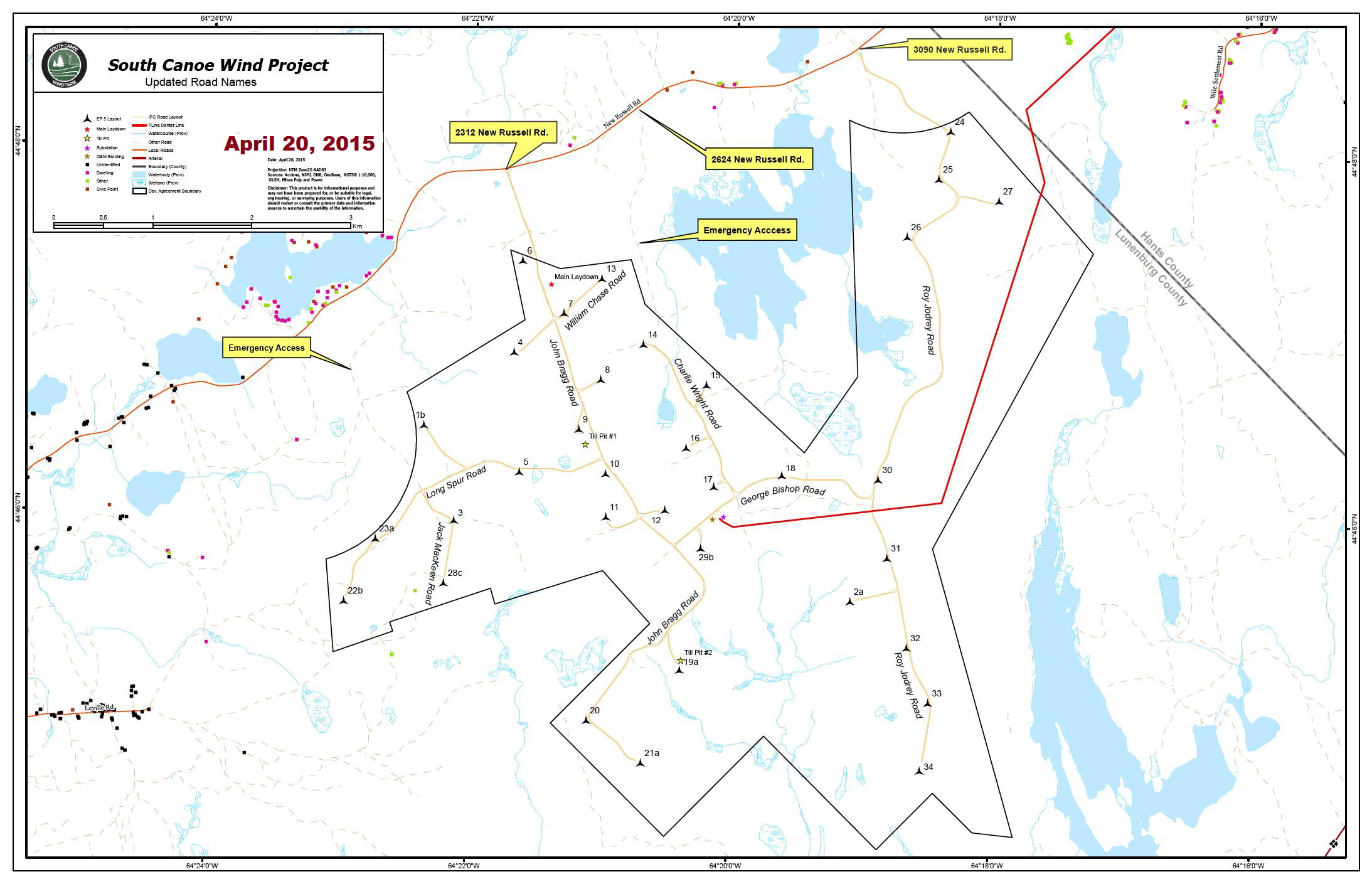 South Canoe Wind Project map, showing the names of site roads