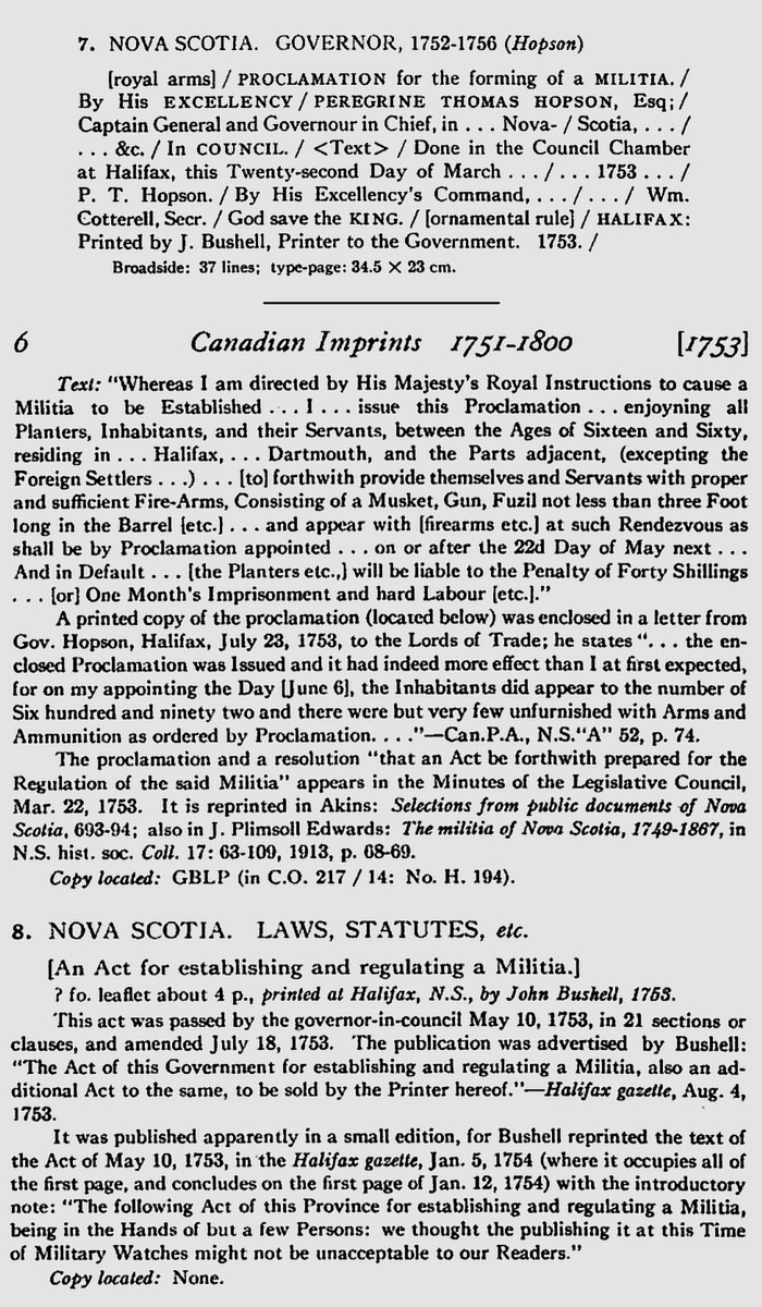 Nova Scotia, 1753: An Act for Establishing and Regulating a Militia