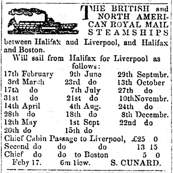Cunard Steamship schedule, March to December 1853, published in the British Colonist, 5 March 1853