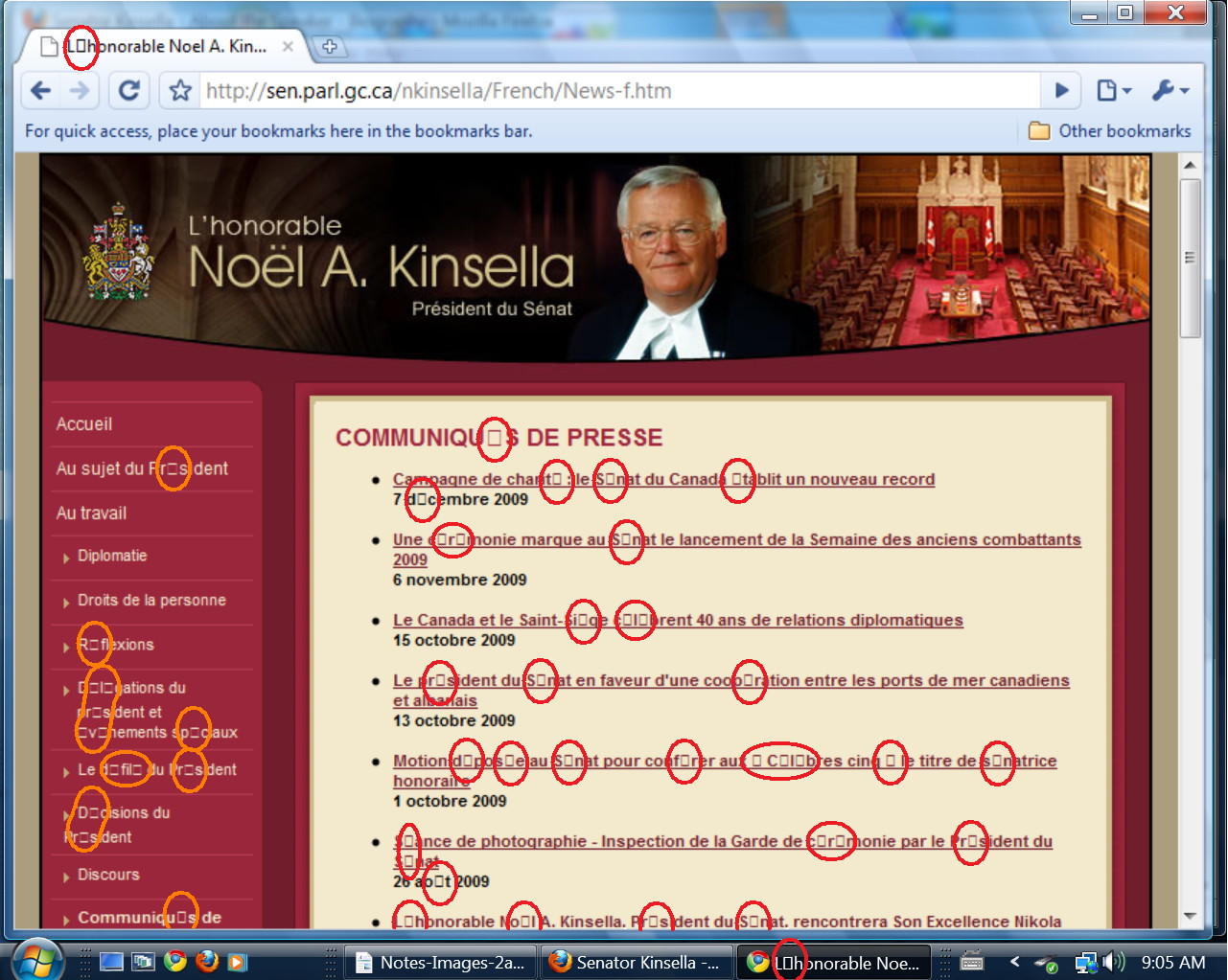 Senate Speaker's website as it appeared in April 2010 (displayed in contemporary Chrome browser), riddled with coding mistakes – attributable to the Senate's use of obsolete website management software