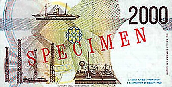 Italian  2,000-lire banknote showing Glace Bay radio towers