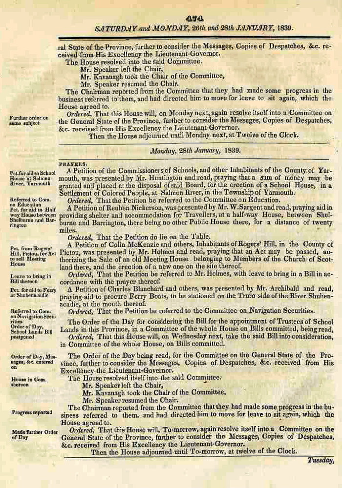 Proceedings of the Nova Scotia House of Commons (now known as The Legislature), 1839 Jan 28