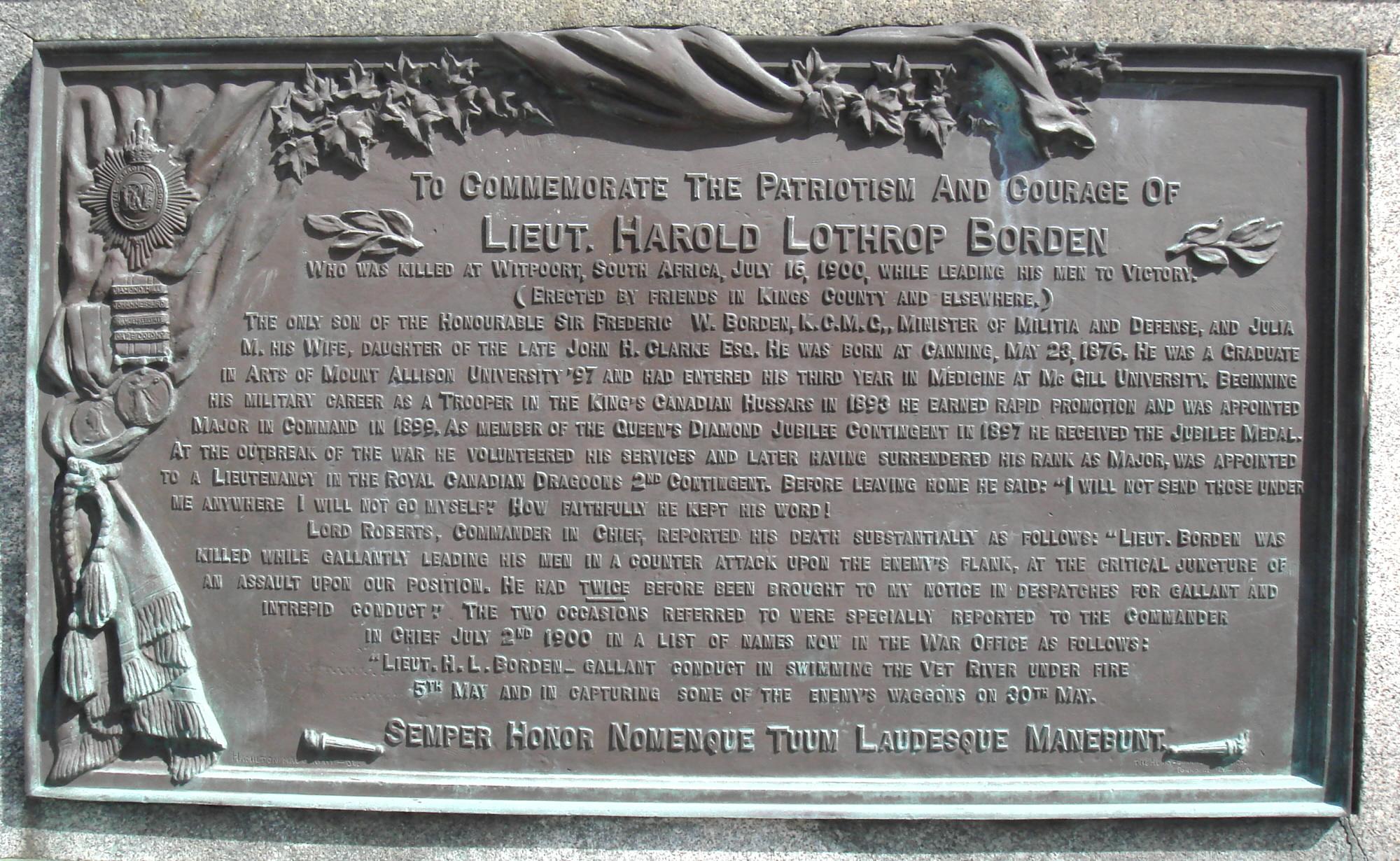 Nova Scotia: Harold Borden monument, west face