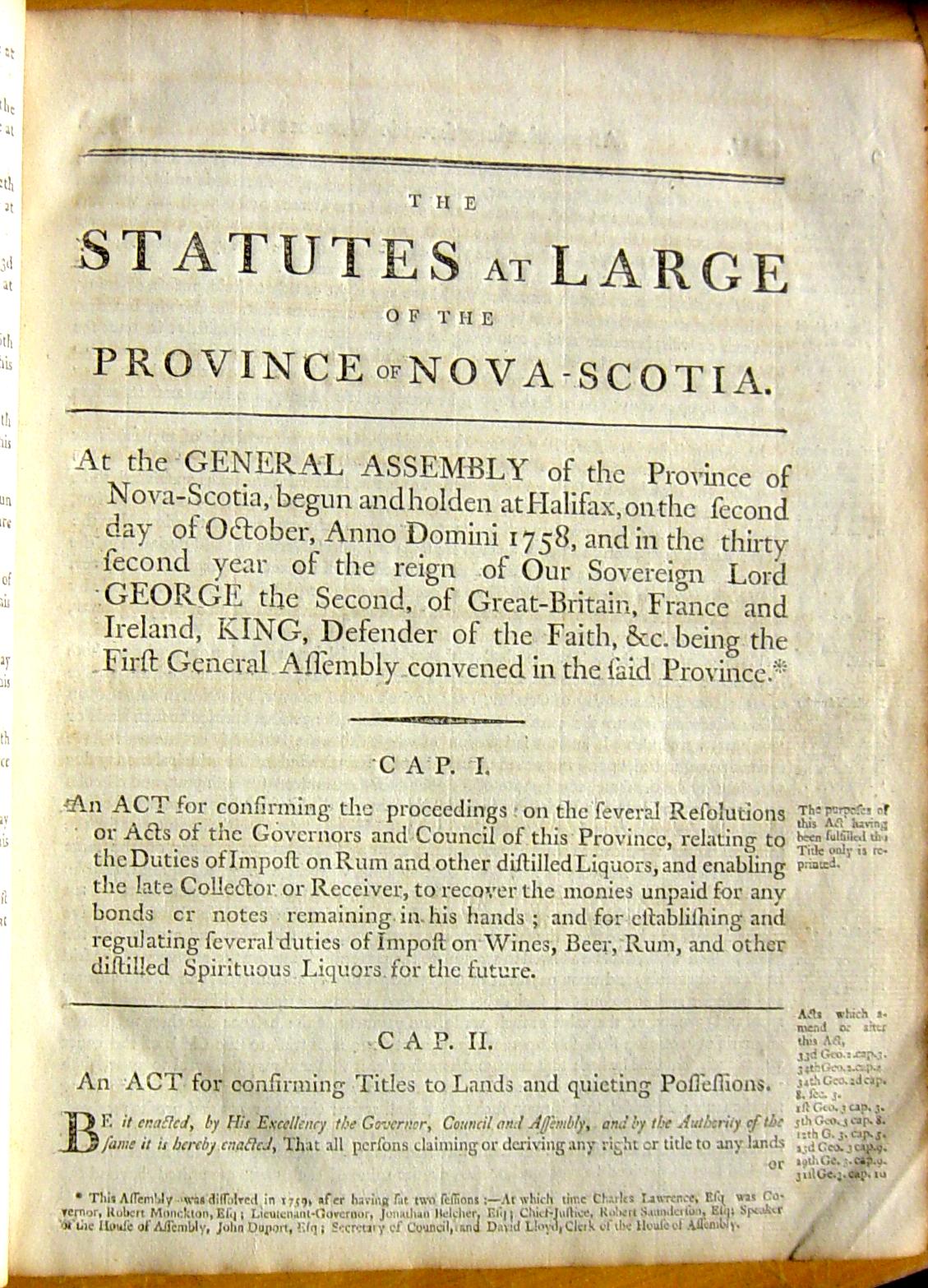 Page 1, Statutes of Nova Scotia, 1805, R.J. Uniacke