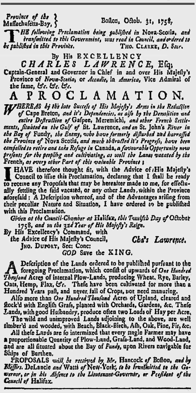 This is an image of the notice of the official Proclamation issued by Nova Scotia Governor Lawrence on 12 October 1758, as printed in the Boston Evening Post issue of 6 November 1758.