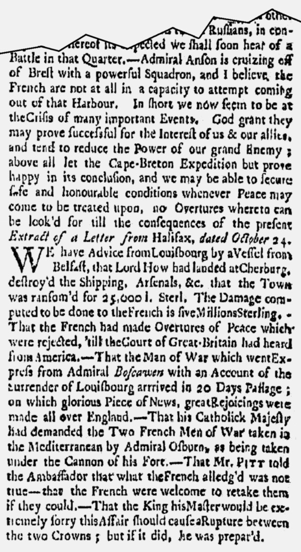 This is an image of a news item printed on page one of the 'Boston Gazette and Country Journal' issue of 6 November 1758, the same issue that carried the notice of the official Proclamation issued by Nova Scotia Governor Lawrence on 12 October 1758.