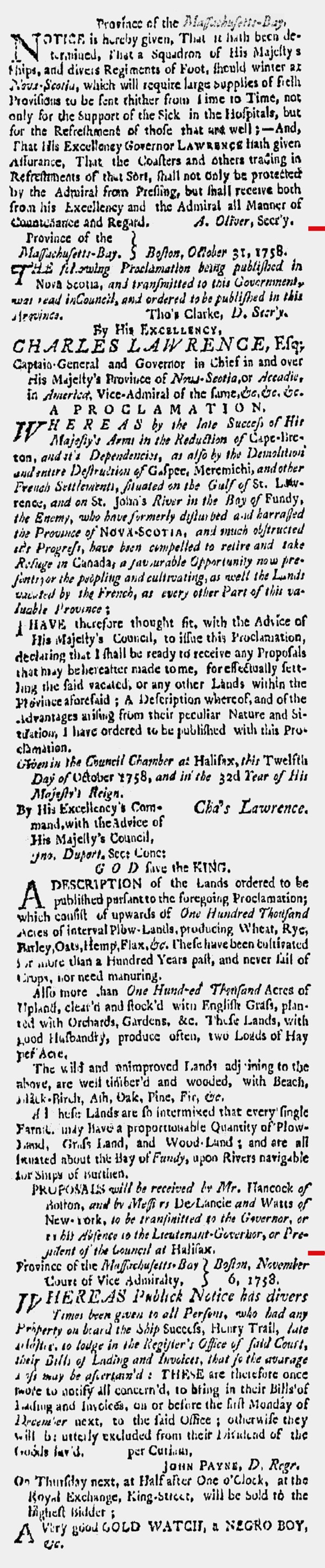 This is an image of the notice of the official Proclamation issued by Nova Scotia Governor Lawrence on 12 October 1758, as printed in the 'Boston Gazette and Country Journal' issue of 6 November 1758.