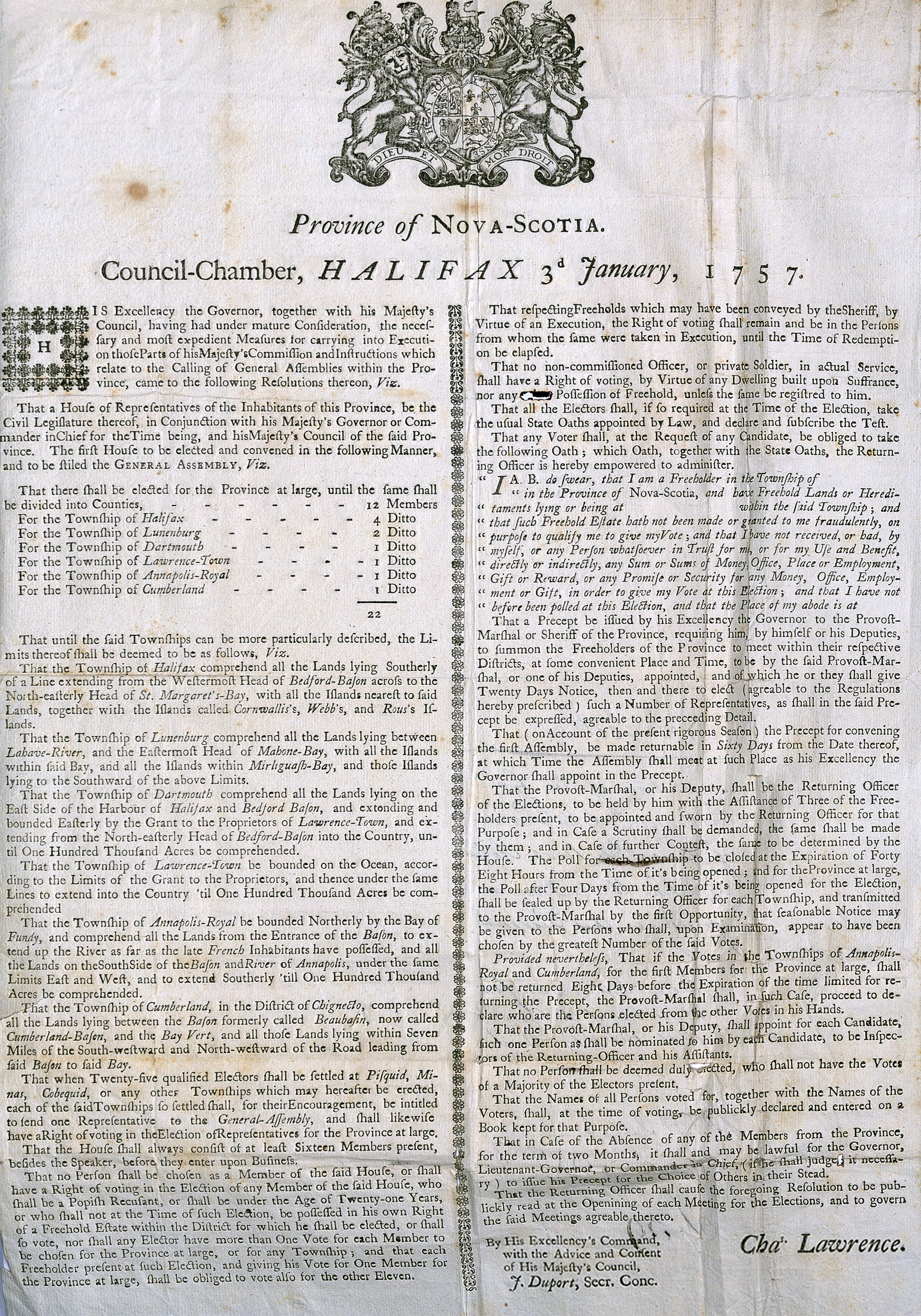 This is an image of the original Proclamation issued by Nova Scotia Governor Lawrence in January 1757.