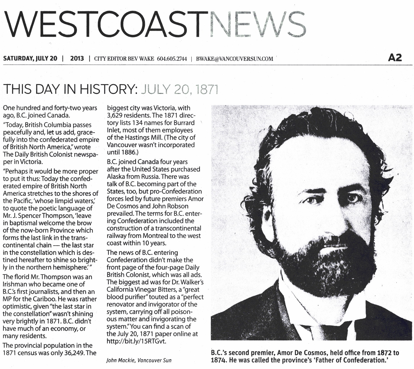 Clipping from the Vancouver Sun, 20 July 2013