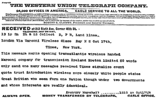 Transatlantic wireless telegraph service opened for business, 17 Oct 1907