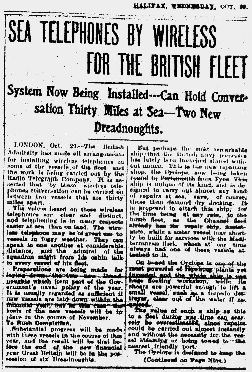 Sea Telephones by Wireless for British Fleet, 30 October 1907, page 8