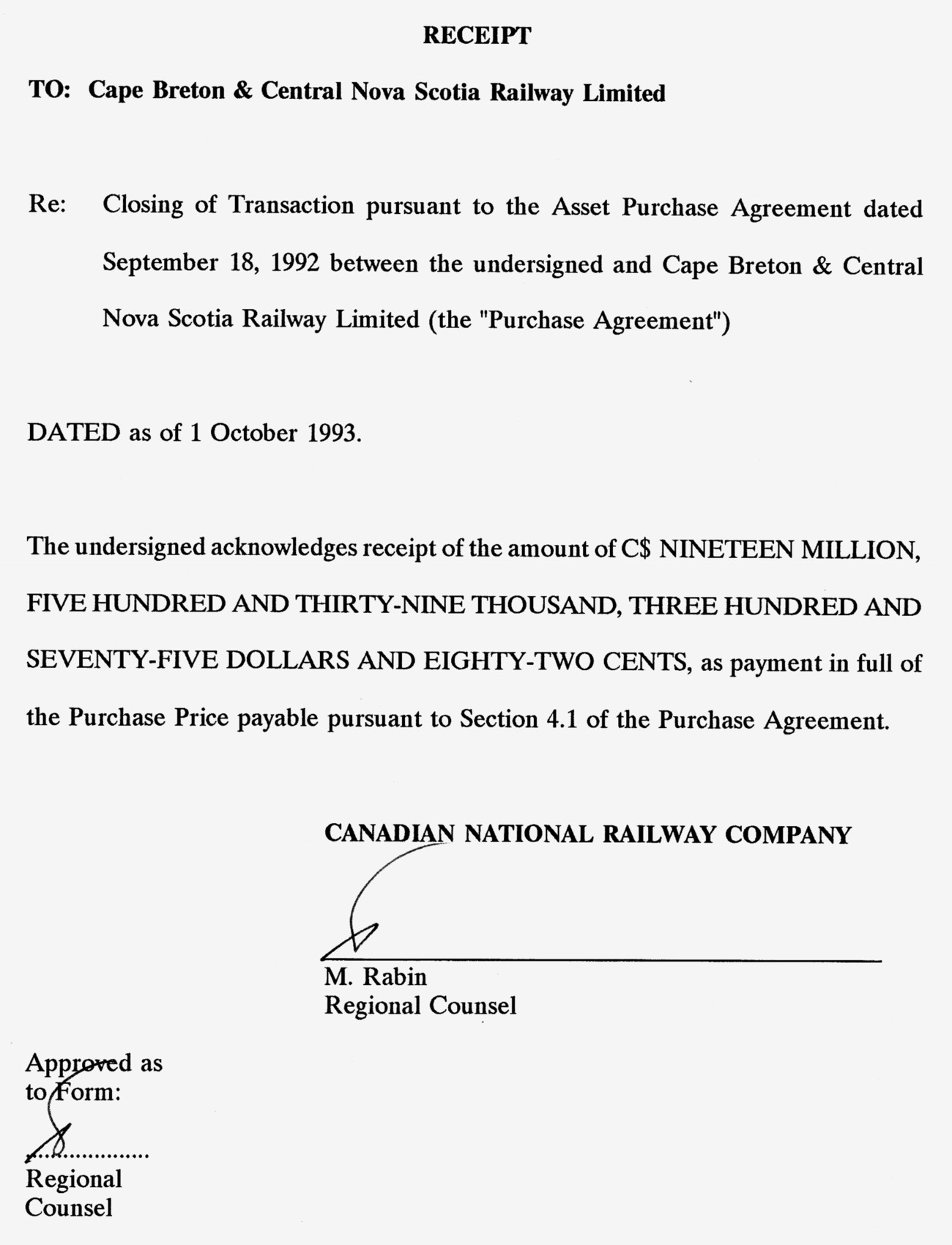 CB&CNSR, Receipt, October 1993