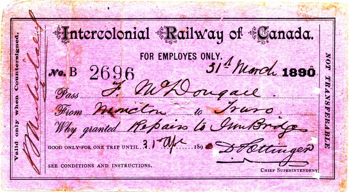 Nova Scotia: Intercolonial Railway employee pass, 1890 March 31, front