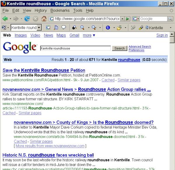 Kentville Roundhouse on the WWW, 10 June 2007, Top Four Google hits