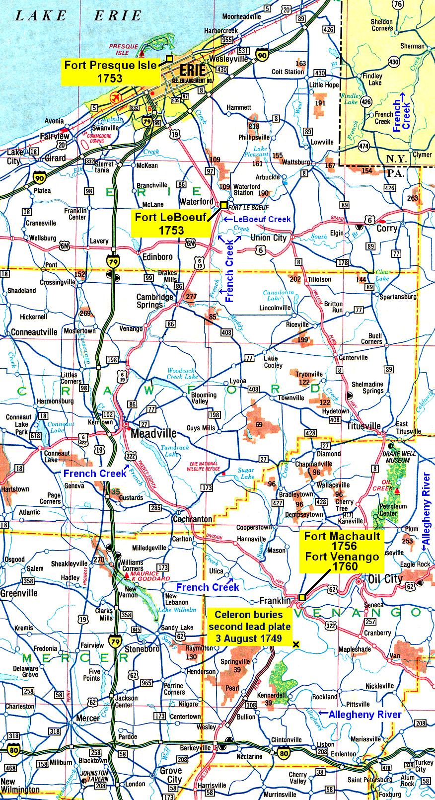 French and Indian War map showing the location of Fort Presque Isle, Fort LeBoeuf, Fort Machault, and Fort Venango