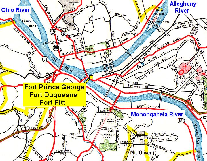 French and Indian War map showing the Forks of the Ohio