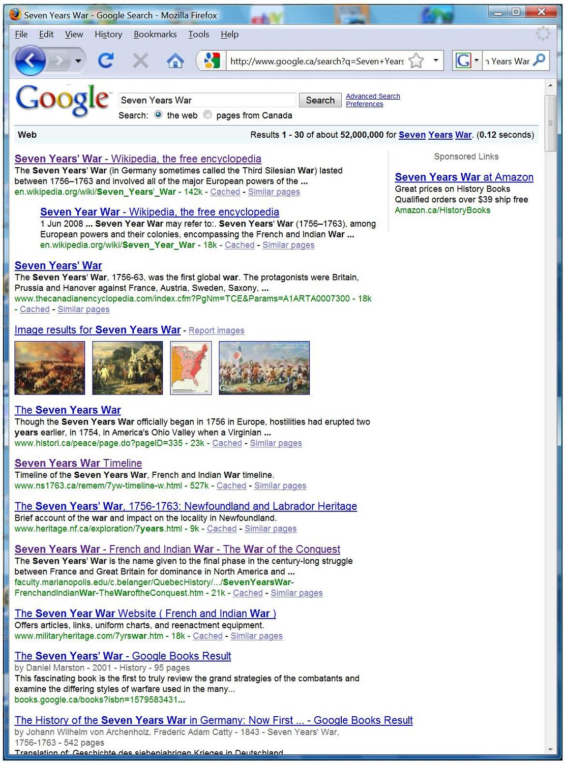 Top Ten hits from worldwide Google search for 'Seven Years War' 14 March 2009