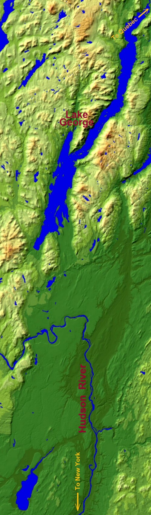 French and Indian War: The Great Carrying Place, the portage between the Hudson River and Lake George – USGS United States Geological Survey relief map