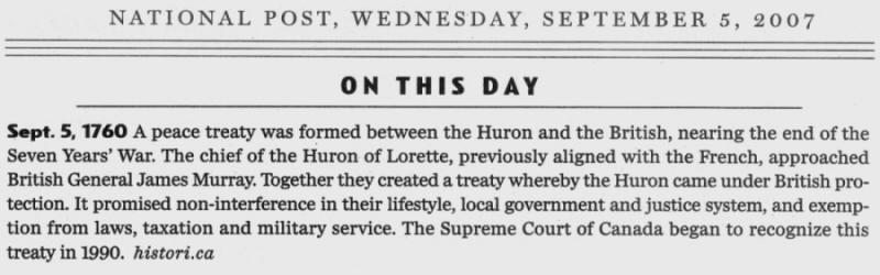 Peace treaty between the Huron and the British, clipping 5 Sep 2007