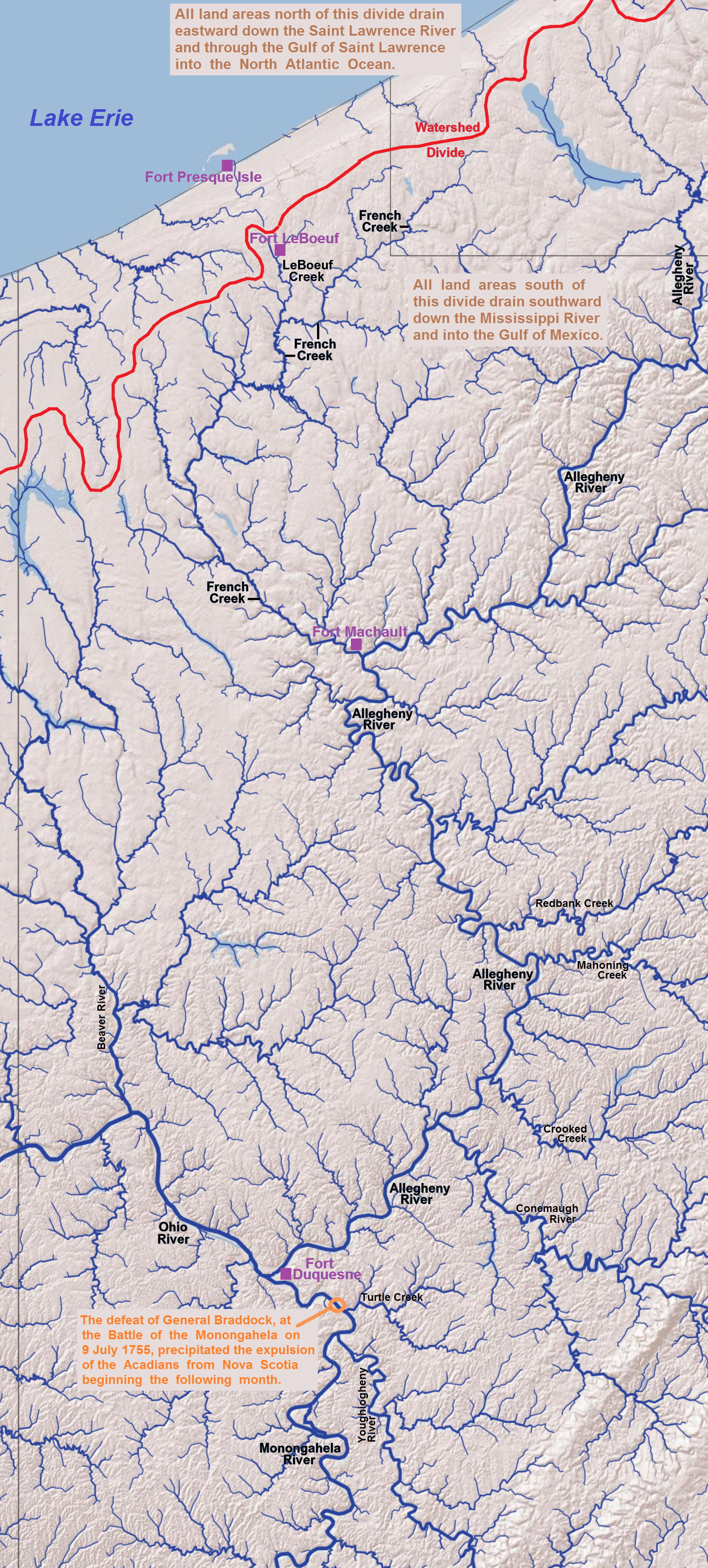 Transportation map (1700s) showing Fort Presque Isle, Fort LeBoeuf, Fort Machault, and Fort Duqesne.