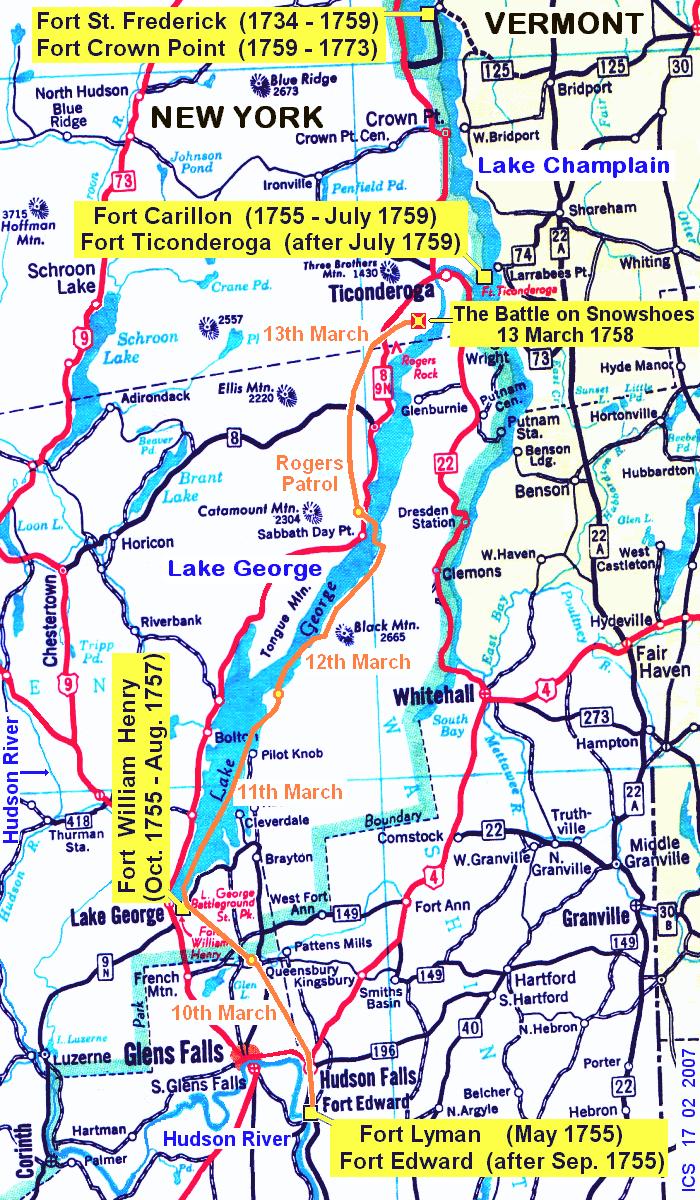 French and Indian War map, Battle on Snowshoes, Lake George, March 1758